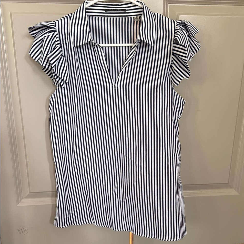 T Tahari Navy and White Striped Blouse